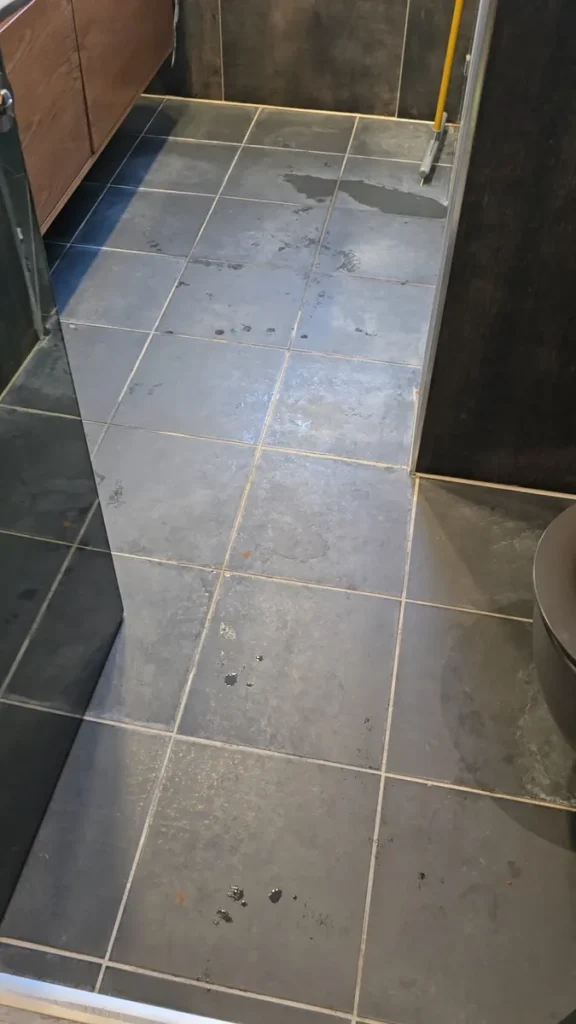 מסדרון עם אריחים בגוון אבן כהה, נקי לאחר בנייה